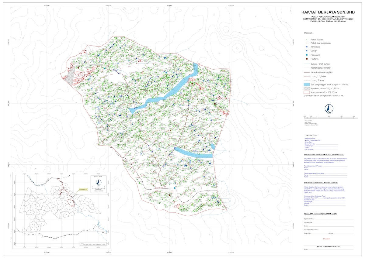 Detailed topographic forestry map of Rakyat Berjaya Sdn. Bhd. showing compartments, logging roads, platforms, rivers, and protected zones